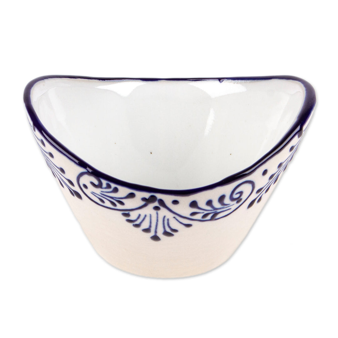 Medium-Sized Talavera Ivory and Blue Ceramic Condiment Bowl - Blue Customs