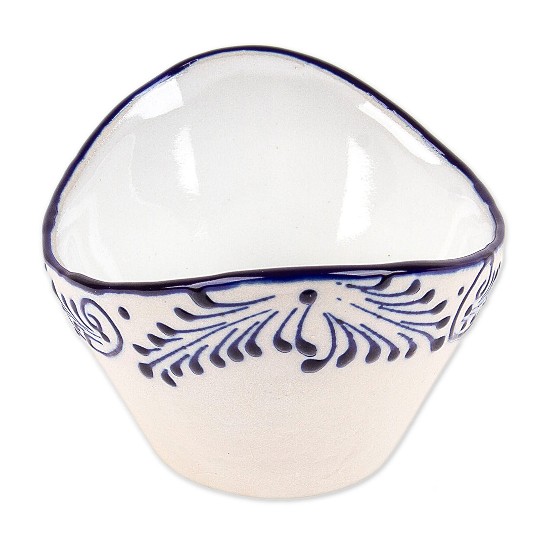 Medium-Sized Talavera Ivory and Blue Ceramic Condiment Bowl - Blue Customs