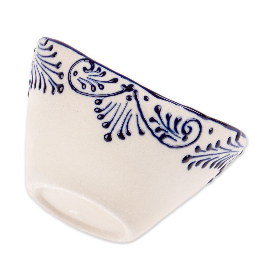 Medium-Sized Talavera Ivory and Blue Ceramic Condiment Bowl - Blue Customs