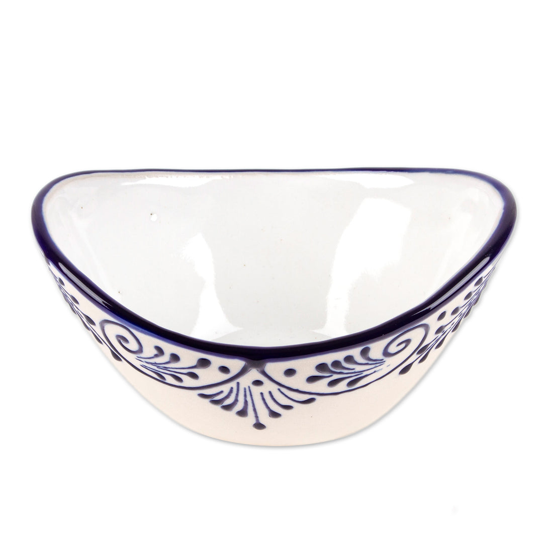 Large-Sized Talavera Ivory and Blue Ceramic Condiment Bowl - Blue Customs