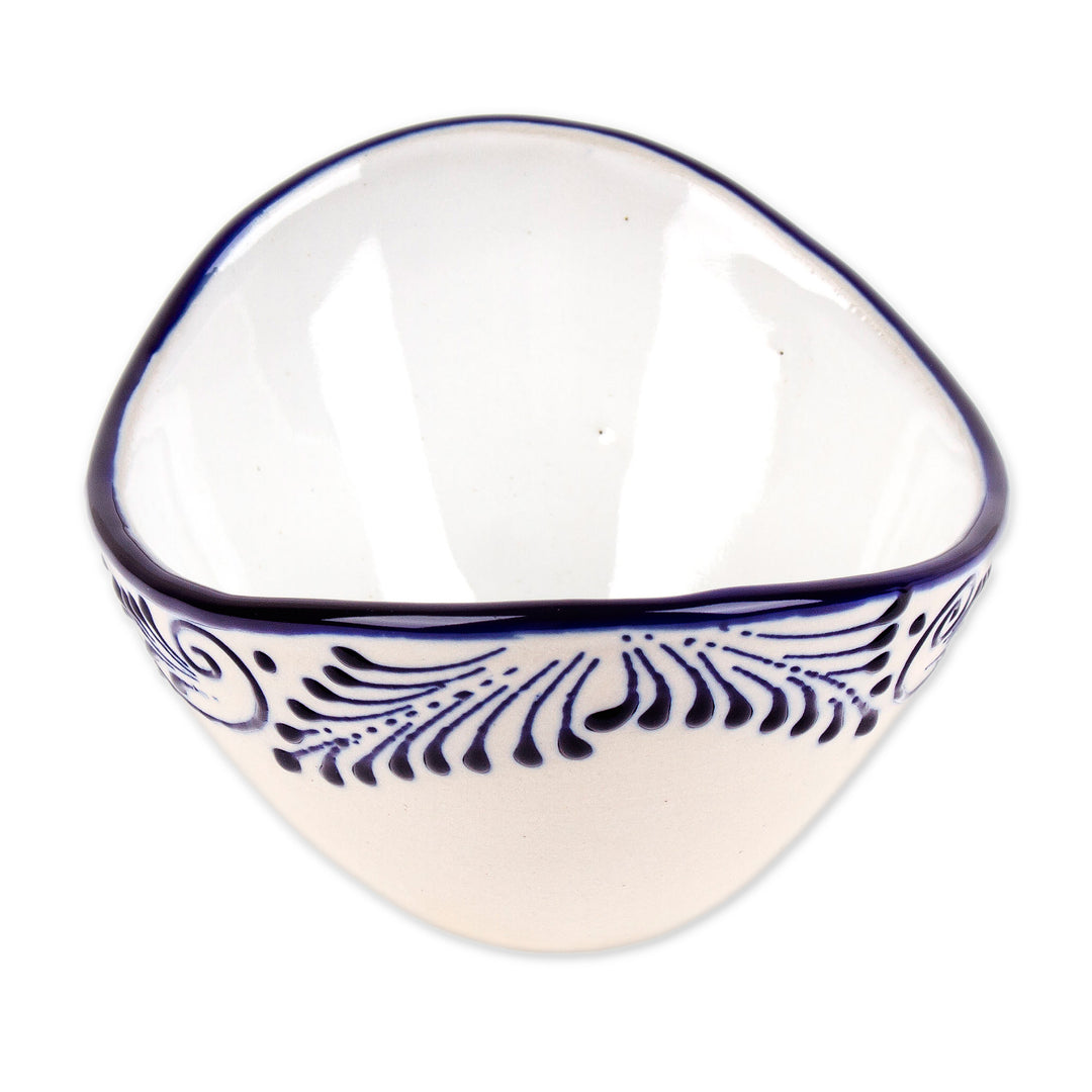 Large-Sized Talavera Ivory and Blue Ceramic Condiment Bowl - Blue Customs