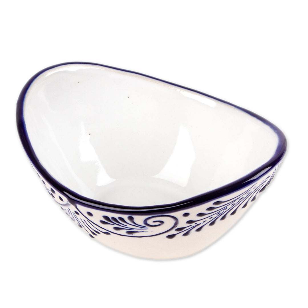 Large-Sized Talavera Ivory and Blue Ceramic Condiment Bowl - Blue Customs