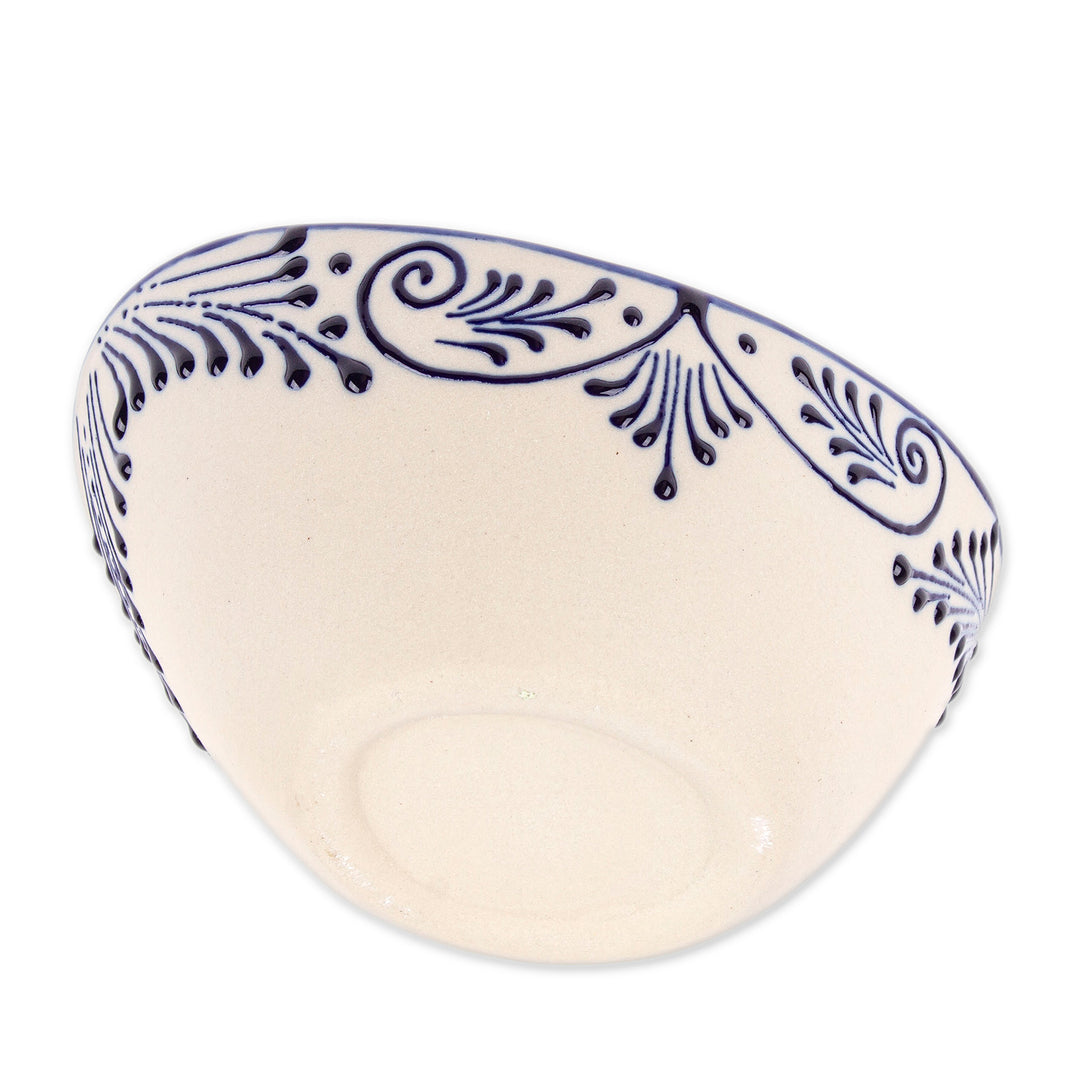 Large-Sized Talavera Ivory and Blue Ceramic Condiment Bowl - Blue Customs