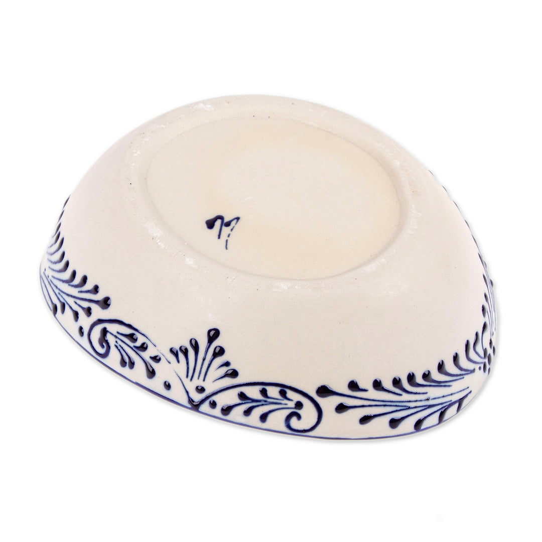 Vine-Themed Medium-Sized Talavera Style Ceramic Dessert Bowl - Blue Lineage