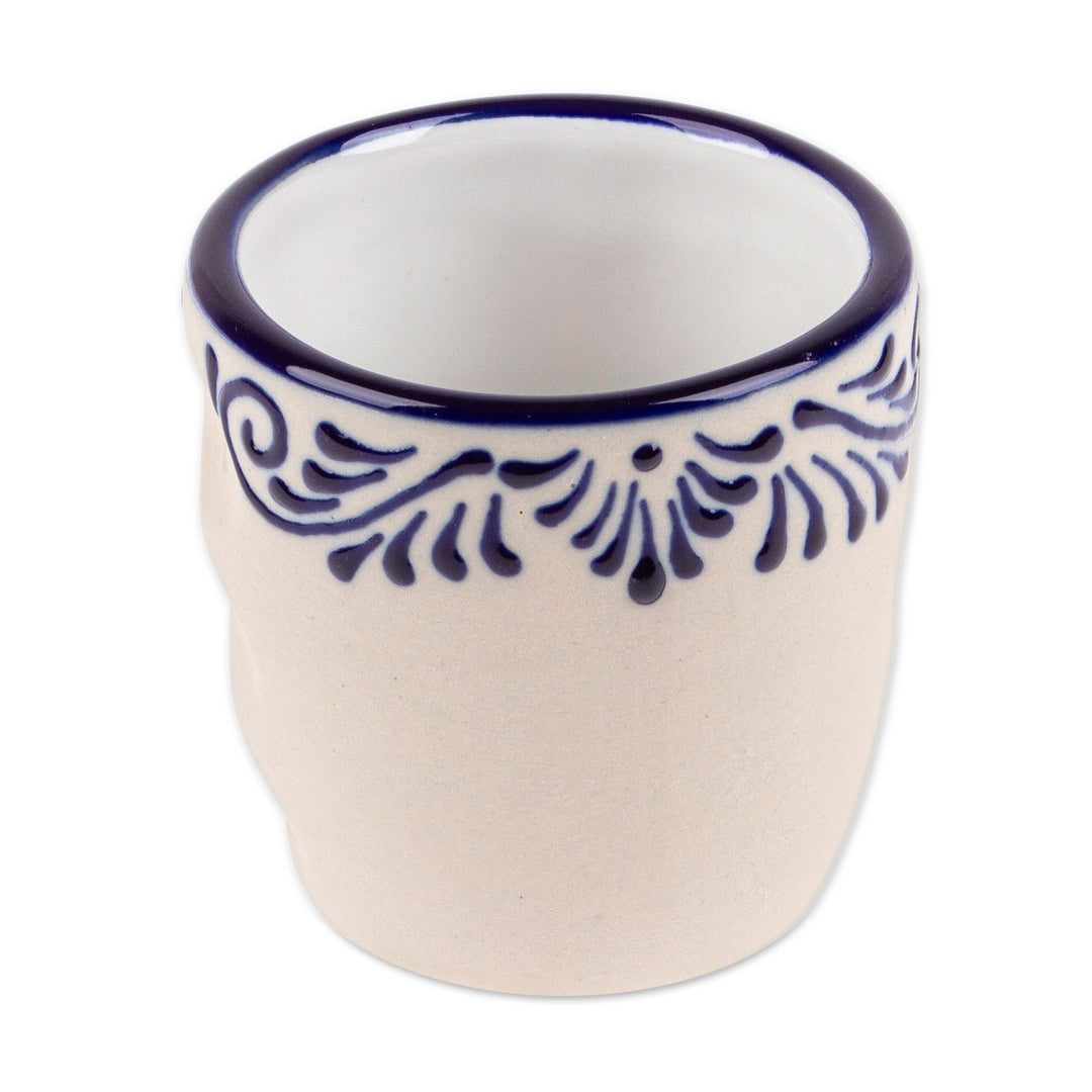 Mexican-Made Talavera Blue and Ivory Ceramic Tequila Cup - Blue Elixir