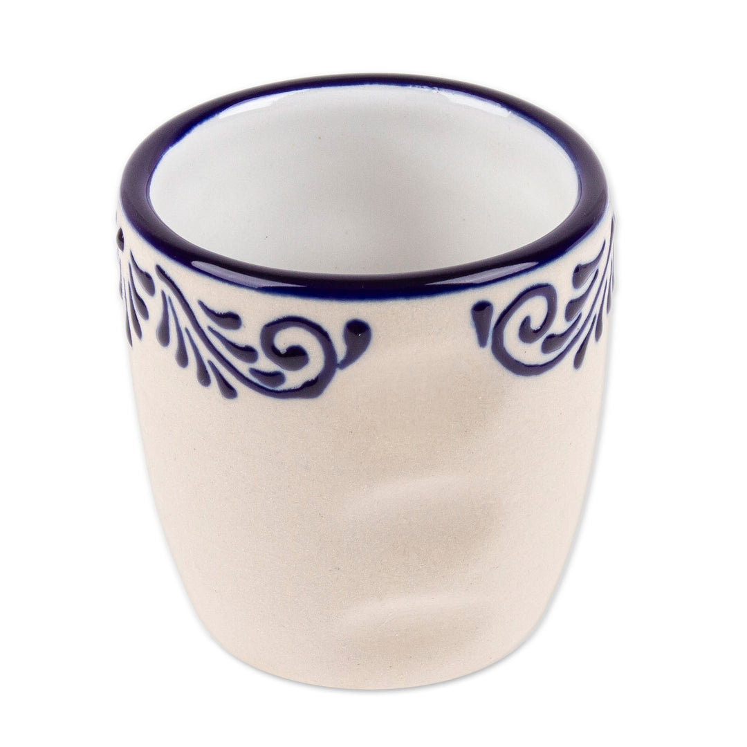 Mexican-Made Talavera Blue and Ivory Ceramic Tequila Cup - Blue Elixir