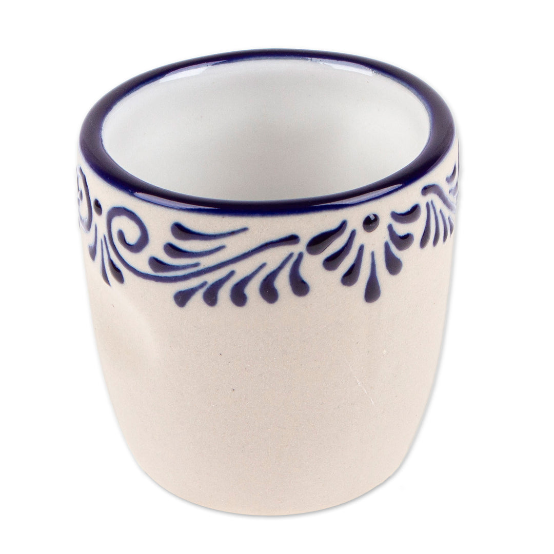 Mexican-Made Talavera Blue and Ivory Ceramic Tequila Cup - Blue Elixir