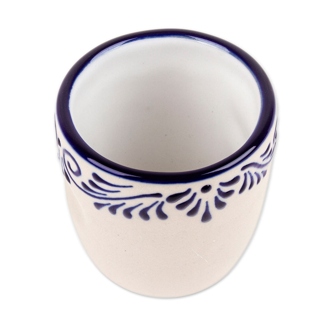 Mexican-Made Talavera Blue and Ivory Ceramic Tequila Cup - Blue Elixir