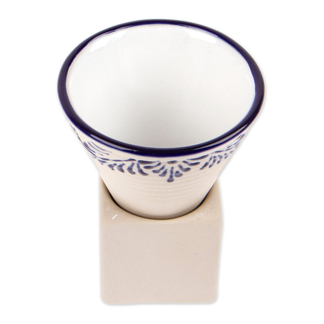 Cone-Shaped Blue and Ivory Talavera Ceramic Tequila Cup - Blue Nectar