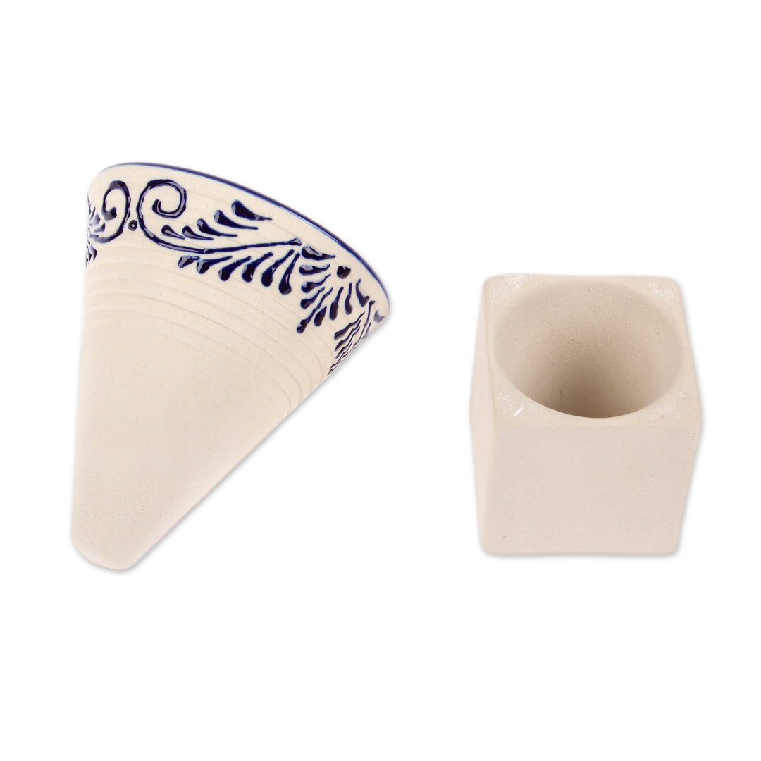 Cone-Shaped Blue and Ivory Talavera Ceramic Tequila Cup - Blue Nectar