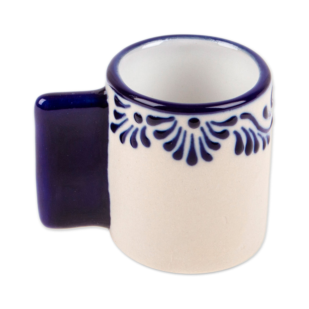 Fair Trade Talavera Style Blue and Ivory Ceramic Tequila Cup - Blue Treat