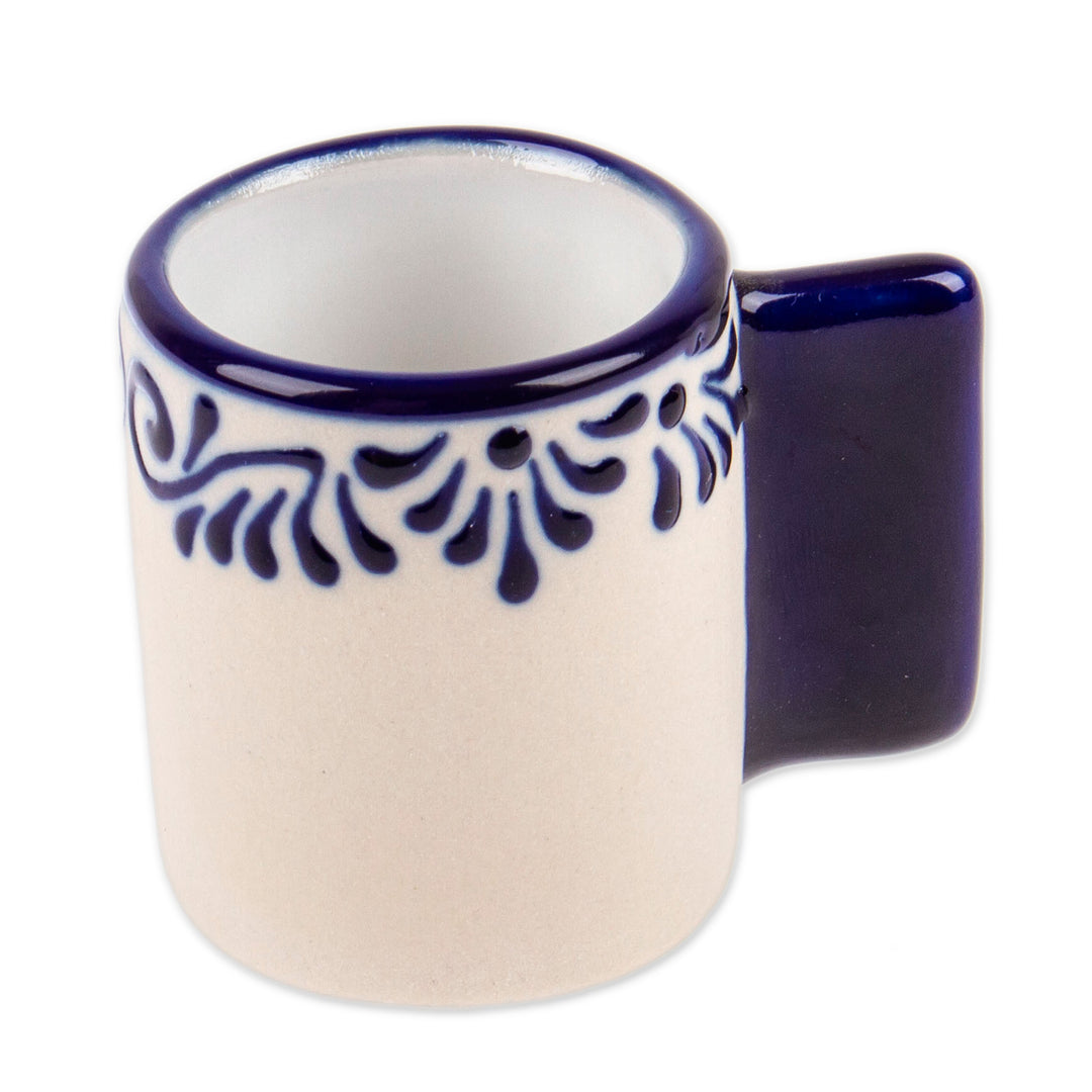 Fair Trade Talavera Style Blue and Ivory Ceramic Tequila Cup - Blue Treat