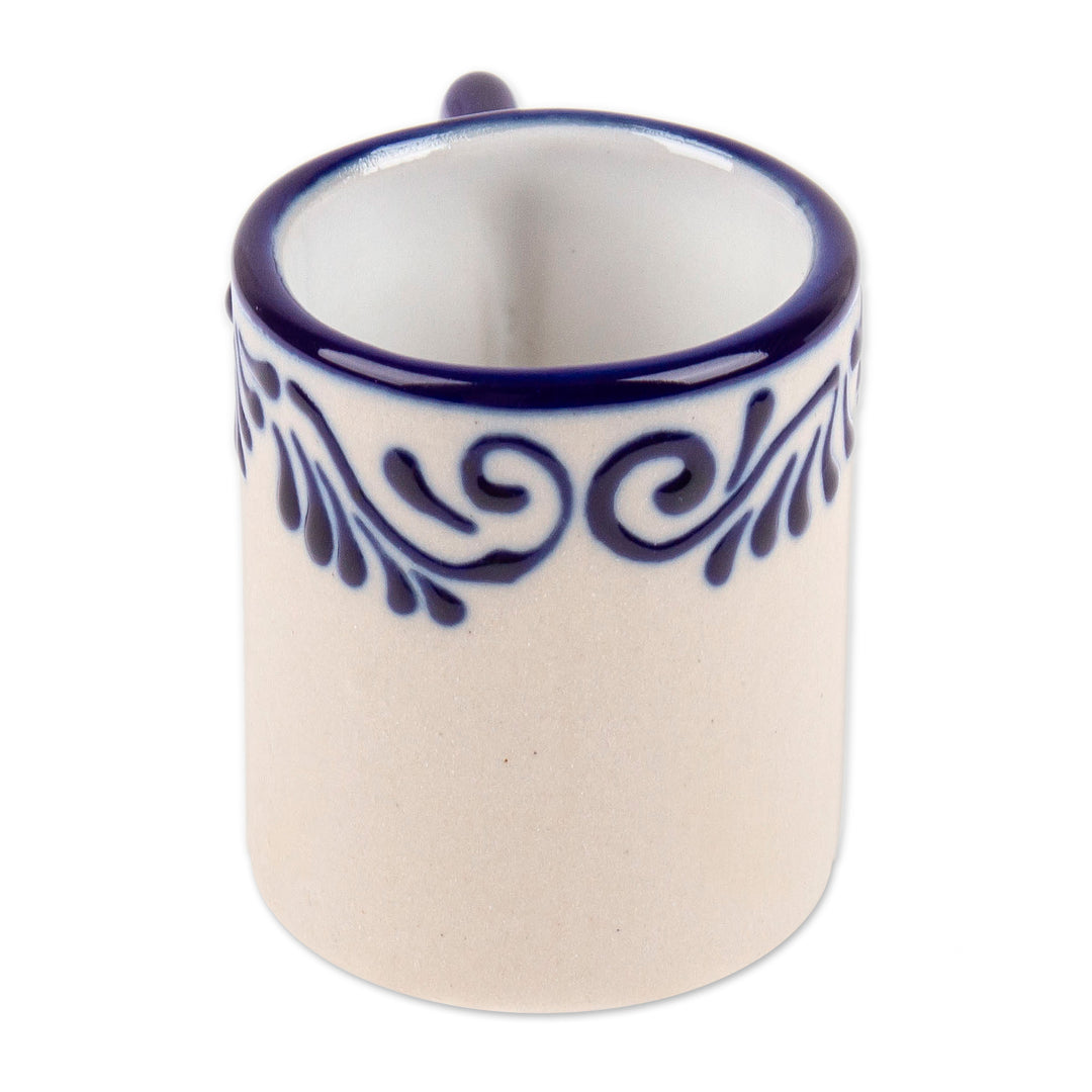 Fair Trade Talavera Style Blue and Ivory Ceramic Tequila Cup - Blue Treat
