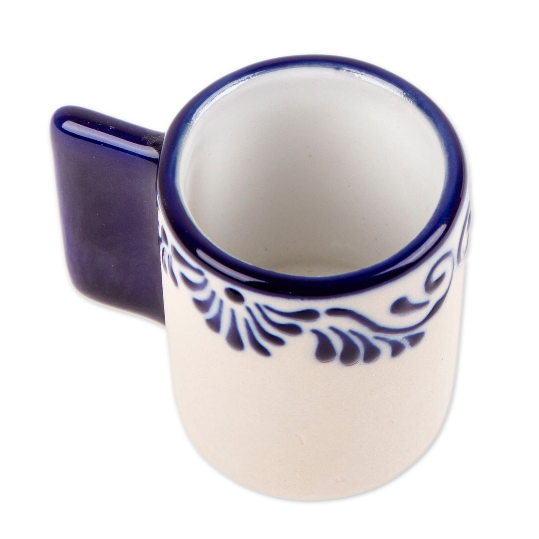 Fair Trade Talavera Style Blue and Ivory Ceramic Tequila Cup - Blue Treat
