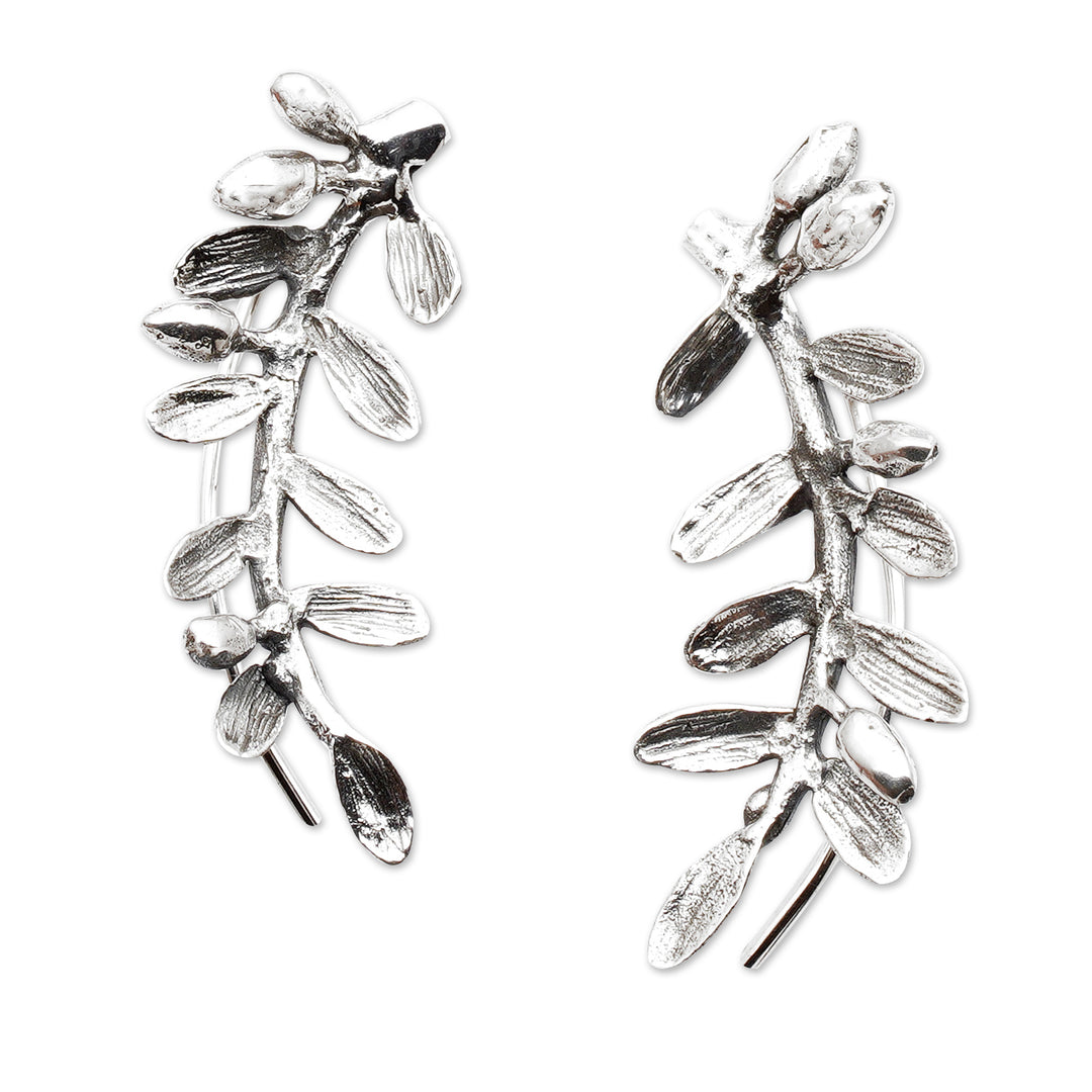 Nature-Themed Leafy Sterling Silver Ear Climber Earrings - Orchid Leaves