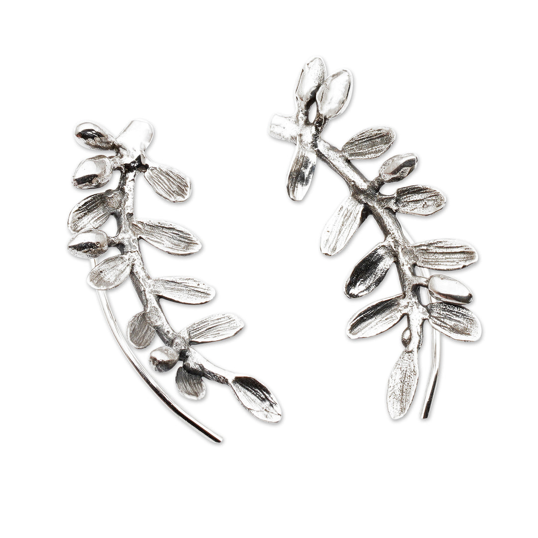 Nature-Themed Leafy Sterling Silver Ear Climber Earrings - Orchid Leaves