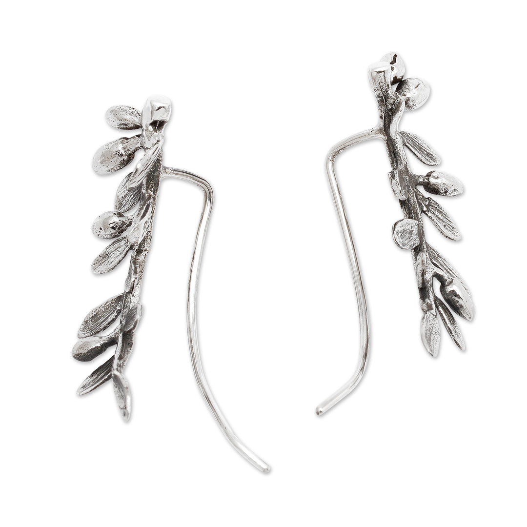 Nature-Themed Leafy Sterling Silver Ear Climber Earrings - Orchid Leaves