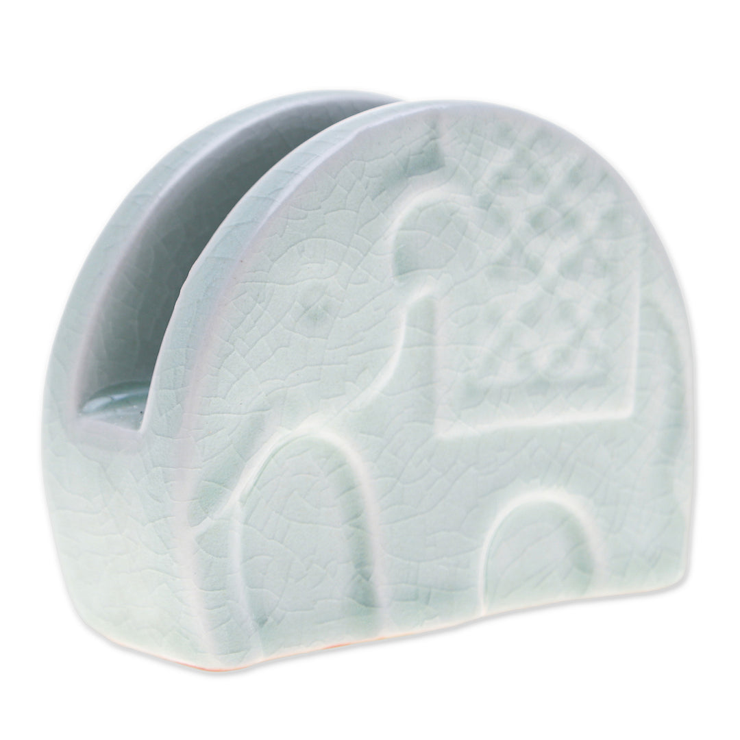 Celadon Ceramic Elephant Card Holder in a Crackled Finish - Dapper Elephant