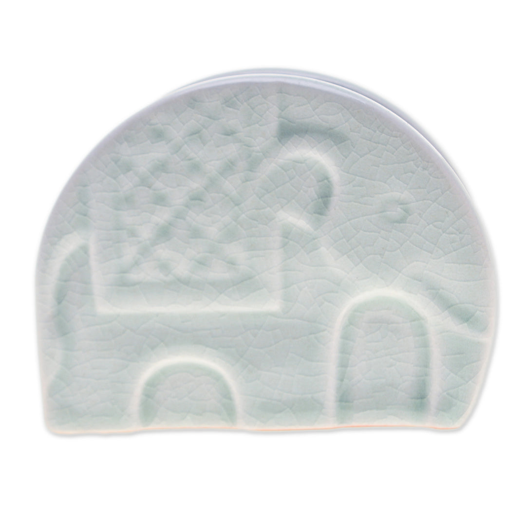 Celadon Ceramic Elephant Card Holder in a Crackled Finish - Dapper Elephant