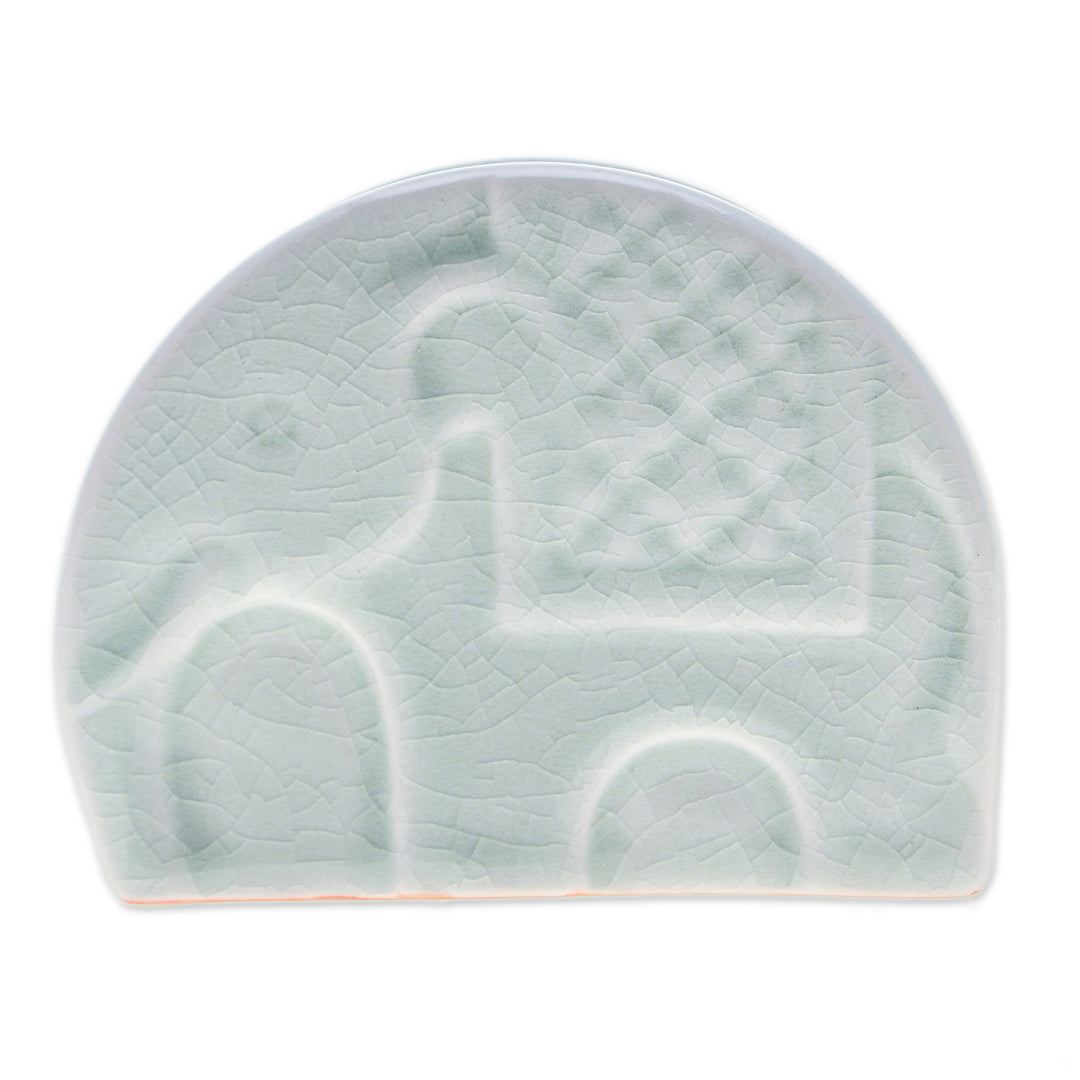 Celadon Ceramic Elephant Card Holder in a Crackled Finish - Dapper Elephant