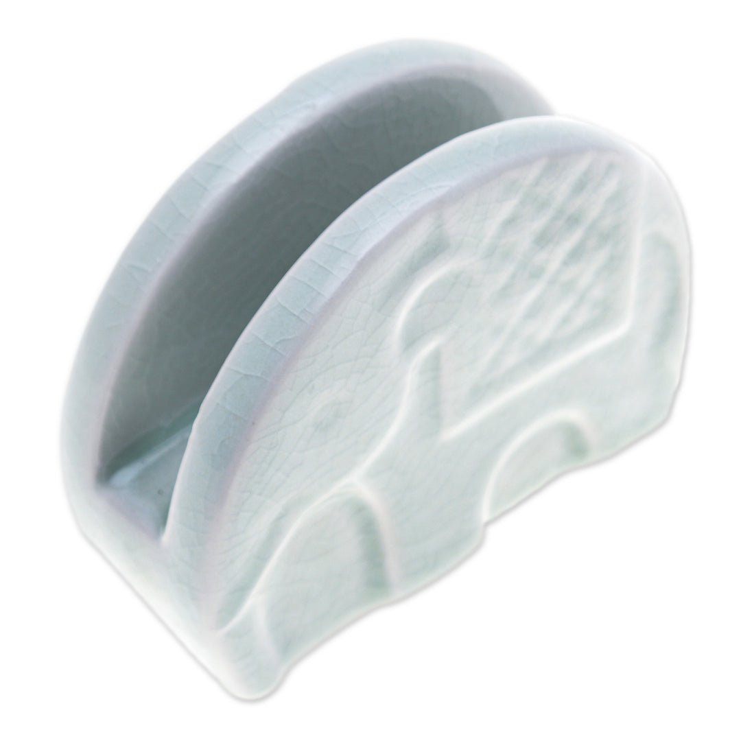 Celadon Ceramic Elephant Card Holder in a Crackled Finish - Dapper Elephant