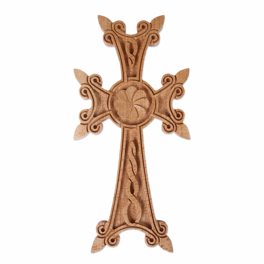 Light Brown Floral Beech Wood Cross Hand-Carved in Armenia - Bloom of Belief