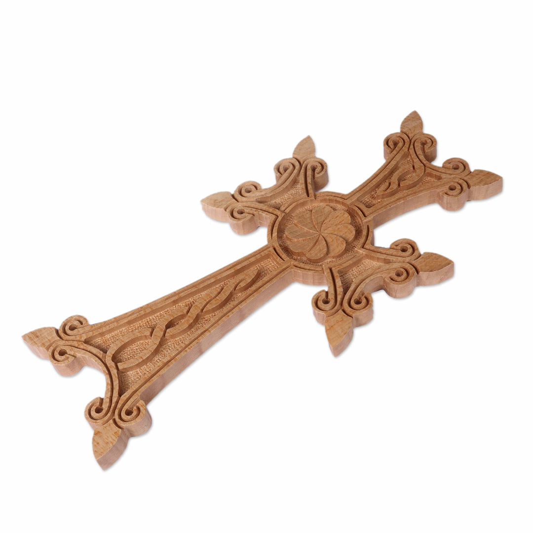 Light Brown Floral Beech Wood Cross Hand-Carved in Armenia - Bloom of Belief
