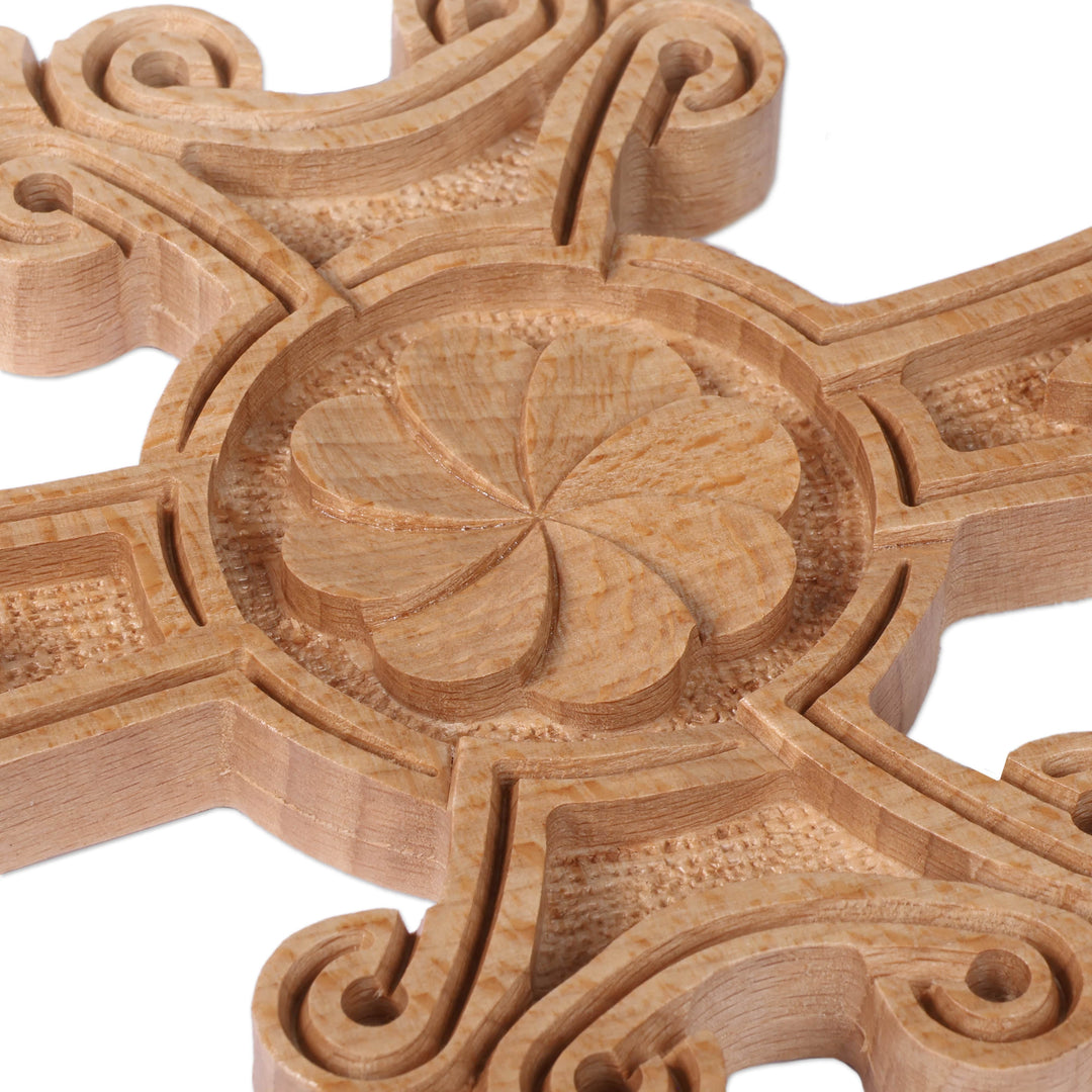 Light Brown Floral Beech Wood Cross Hand-Carved in Armenia - Bloom of Belief