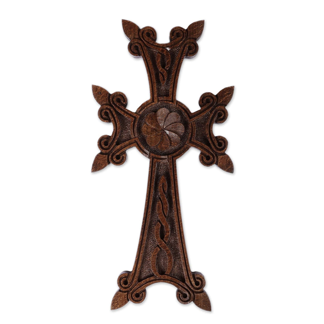 Dark Brown Floral Beech Wood Cross Hand-Carved in Armenia - Bloom of Devotion