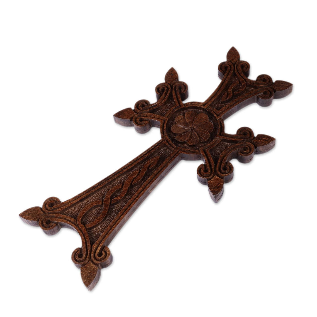 Dark Brown Floral Beech Wood Cross Hand-Carved in Armenia - Bloom of Devotion