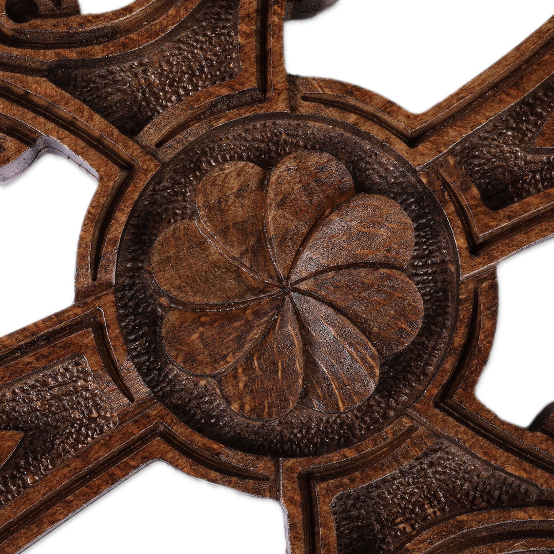 Dark Brown Floral Beech Wood Cross Hand-Carved in Armenia - Bloom of Devotion