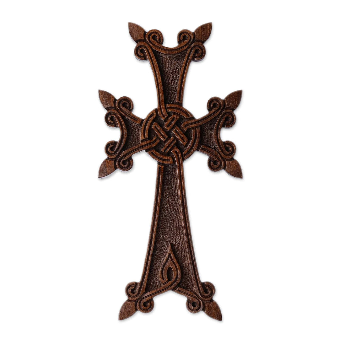 Artisan Hand-Carved Dark Brown Beech Wood Cross (Large) - Everlasting Grace