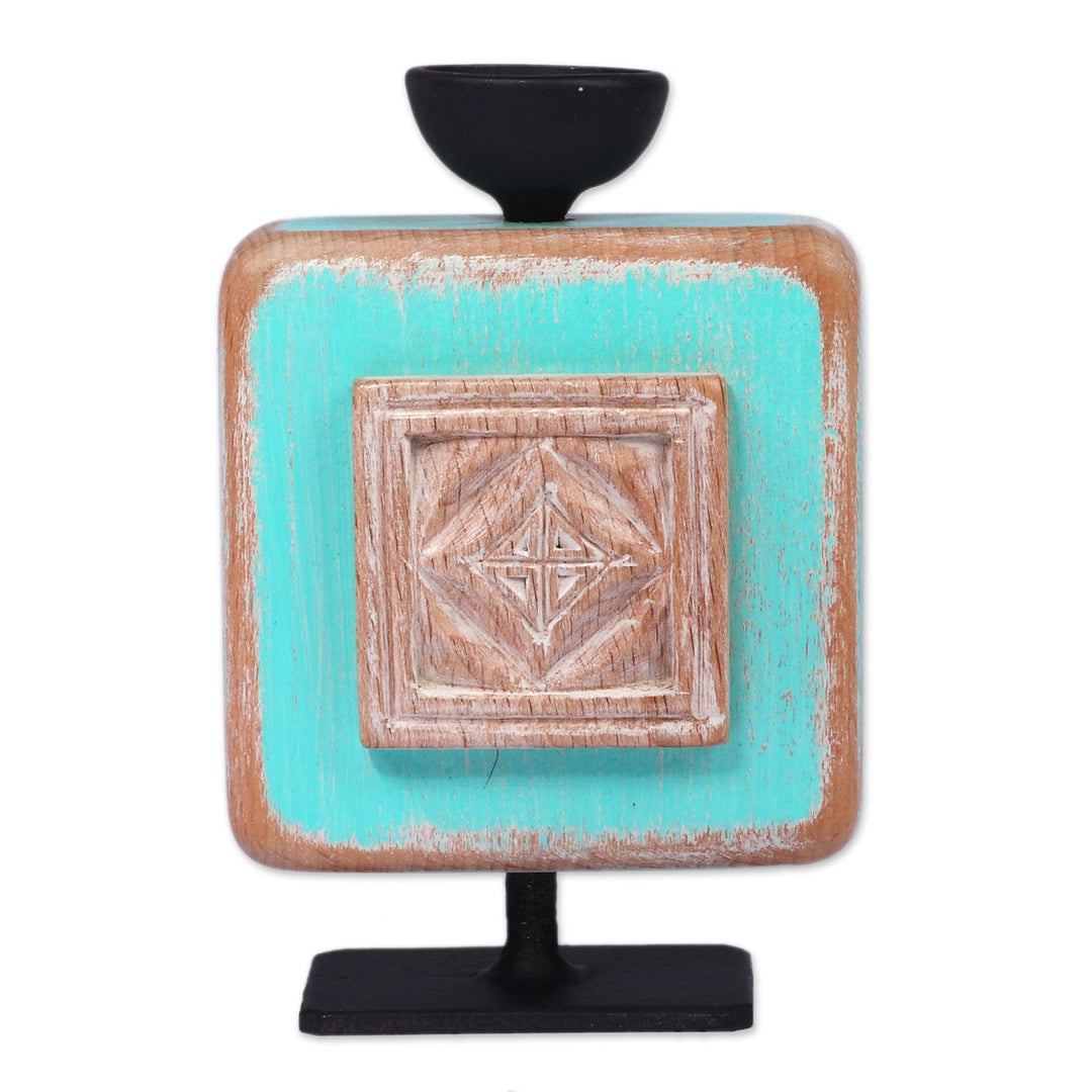 Khachkar-Themed Beechwood Candleholder in Turquoise Hues - Turquoise Flame