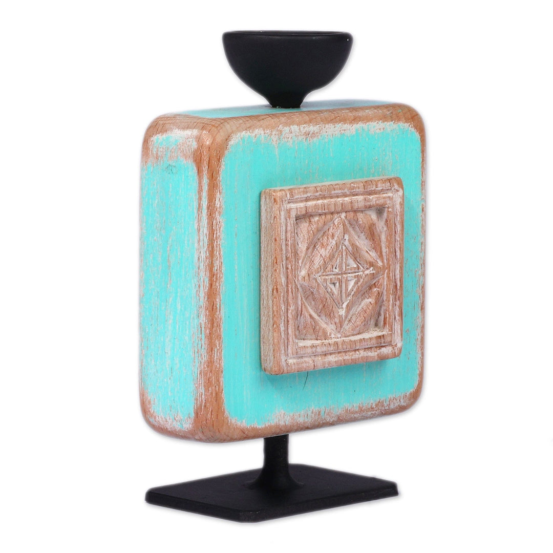 Khachkar-Themed Beechwood Candleholder in Turquoise Hues - Turquoise Flame