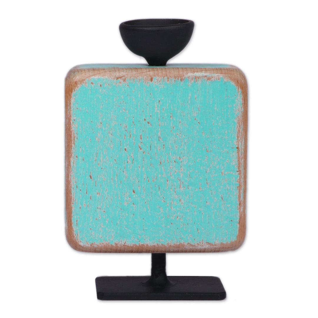 Khachkar-Themed Beechwood Candleholder in Turquoise Hues - Turquoise Flame
