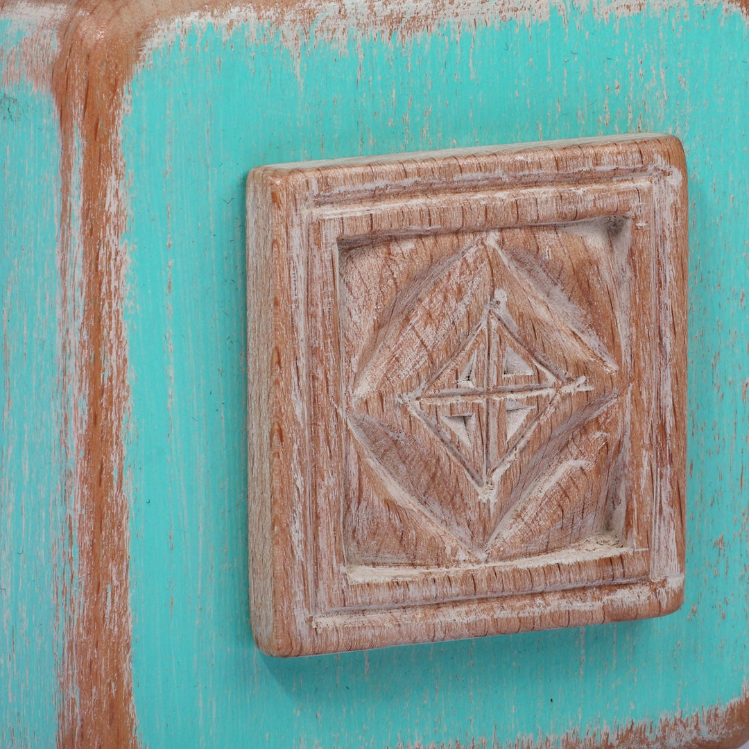 Khachkar-Themed Beechwood Candleholder in Turquoise Hues - Turquoise Flame