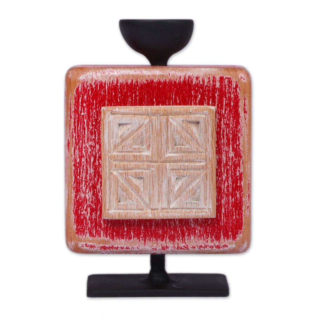 Fair Trade Beechwood and Iron Khachkar Candleholder in Red - Red Gleam