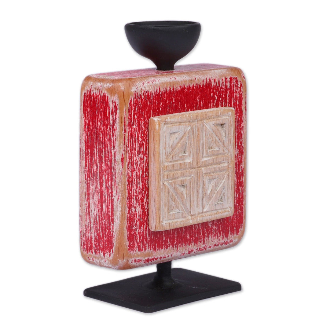 Fair Trade Beechwood and Iron Khachkar Candleholder in Red - Red Gleam