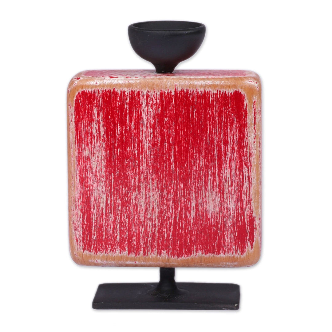 Fair Trade Beechwood and Iron Khachkar Candleholder in Red - Red Gleam