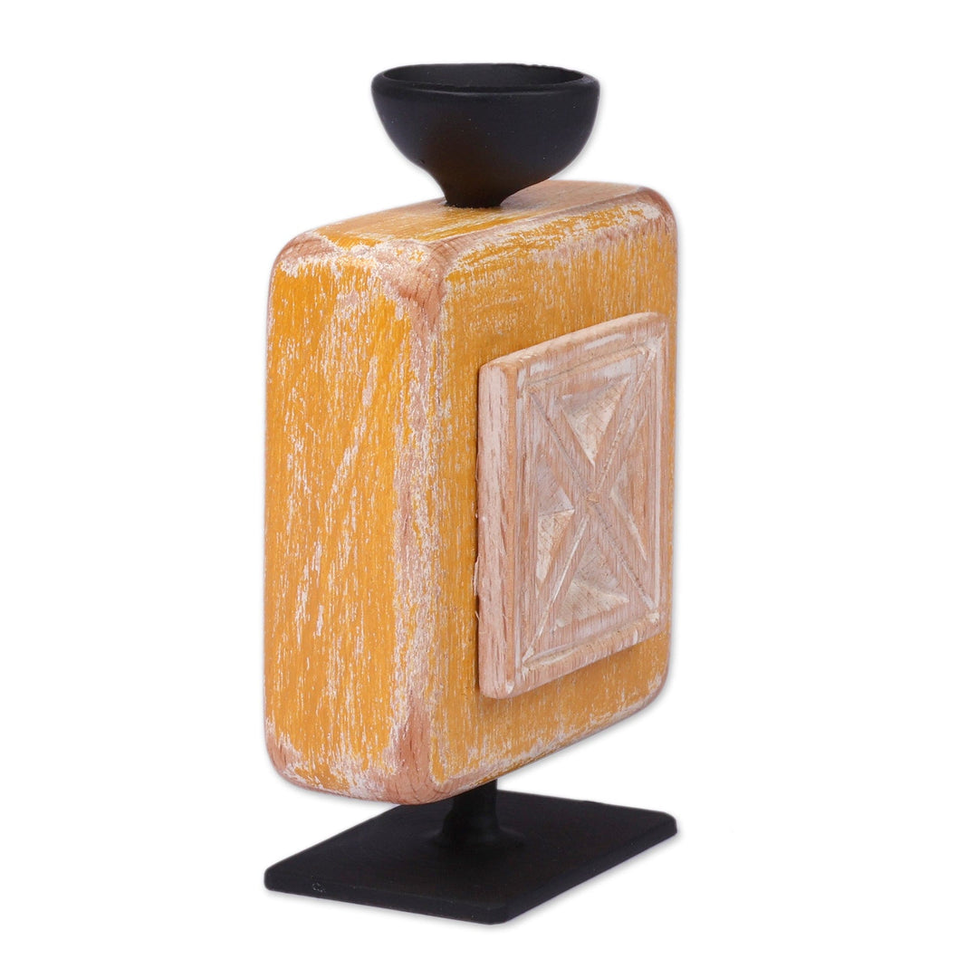 Handmade Distressed Yellow Beechwood and Iron Candleholder - Yellow Guide