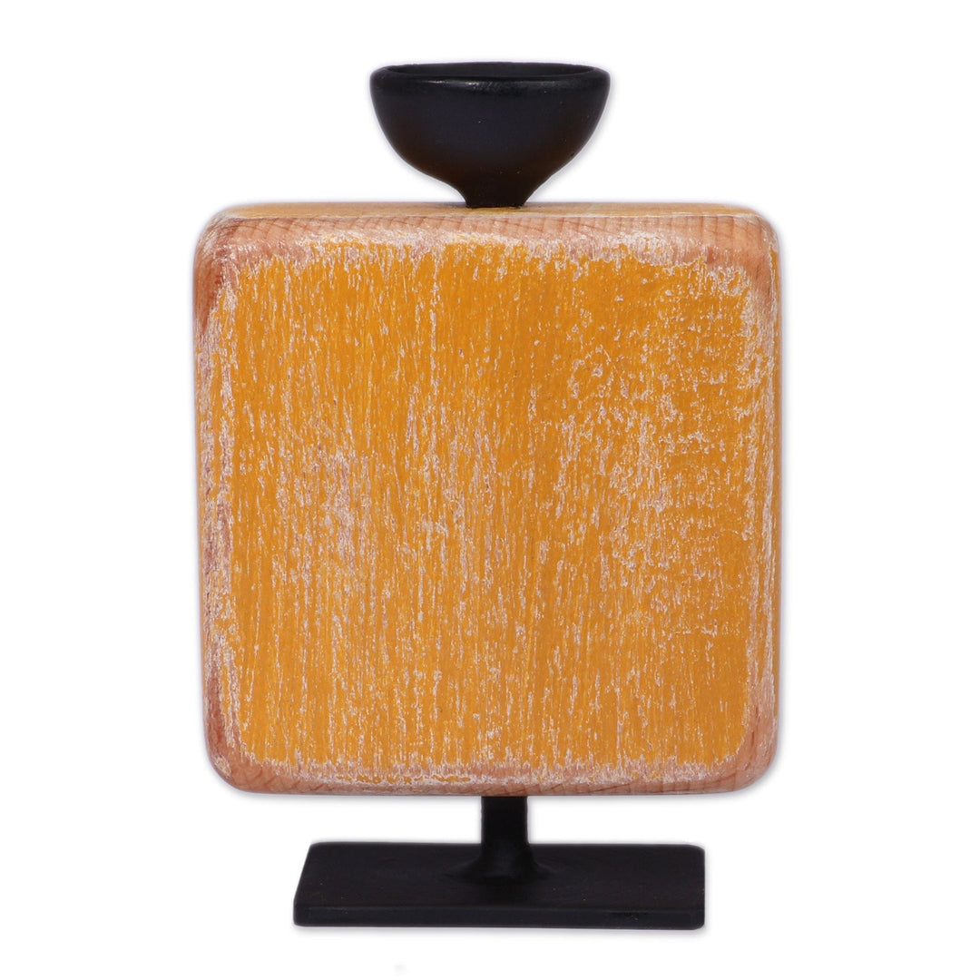 Handmade Distressed Yellow Beechwood and Iron Candleholder - Yellow Guide
