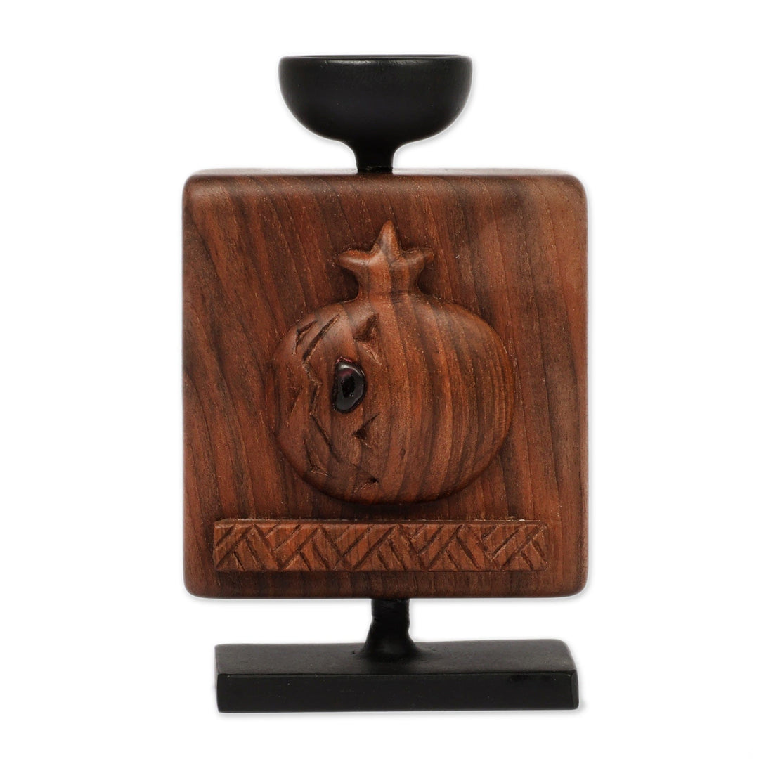 Hand-Carved Beechwood and Iron Pomegranate Candleholder - Pomegranate Flare