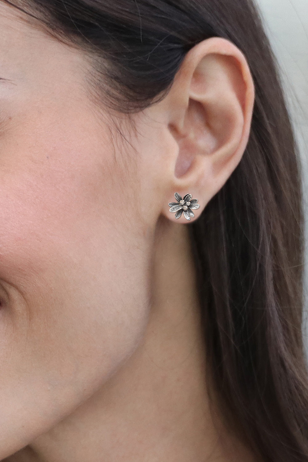 Oxidized and Polished Floral Sterling Silver Button Earrings - Spring Elite