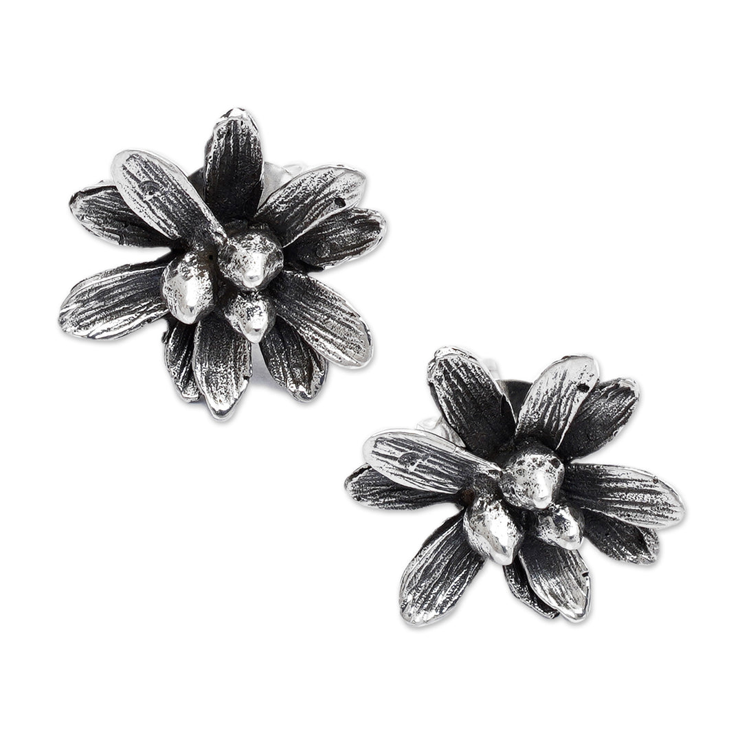 Oxidized and Polished Floral Sterling Silver Button Earrings - Spring Elite