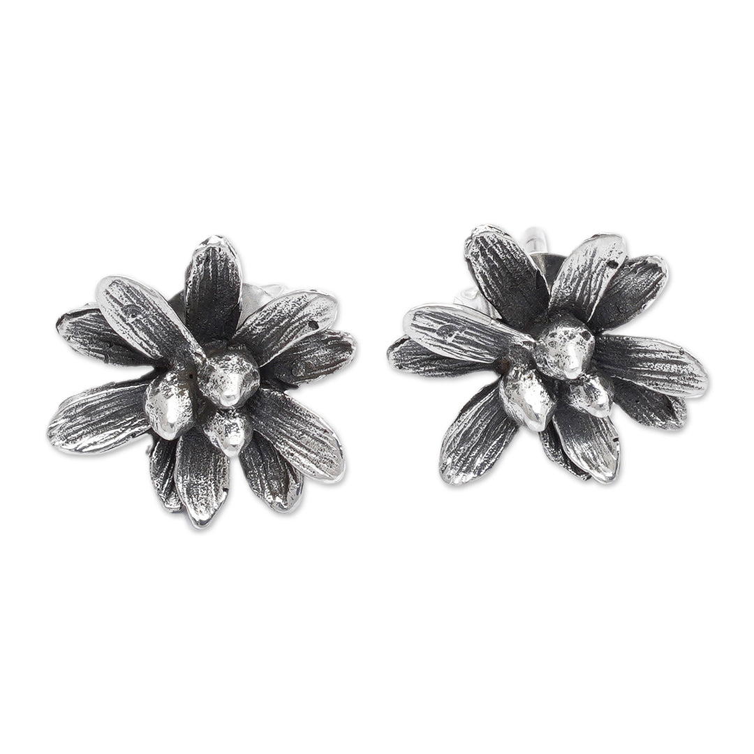 Oxidized and Polished Floral Sterling Silver Button Earrings - Spring Elite