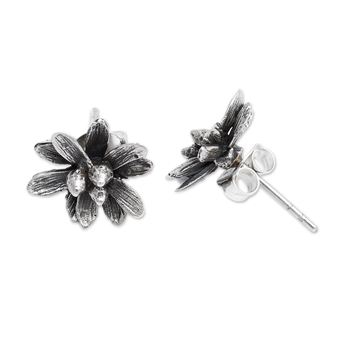 Oxidized and Polished Floral Sterling Silver Button Earrings - Spring Elite