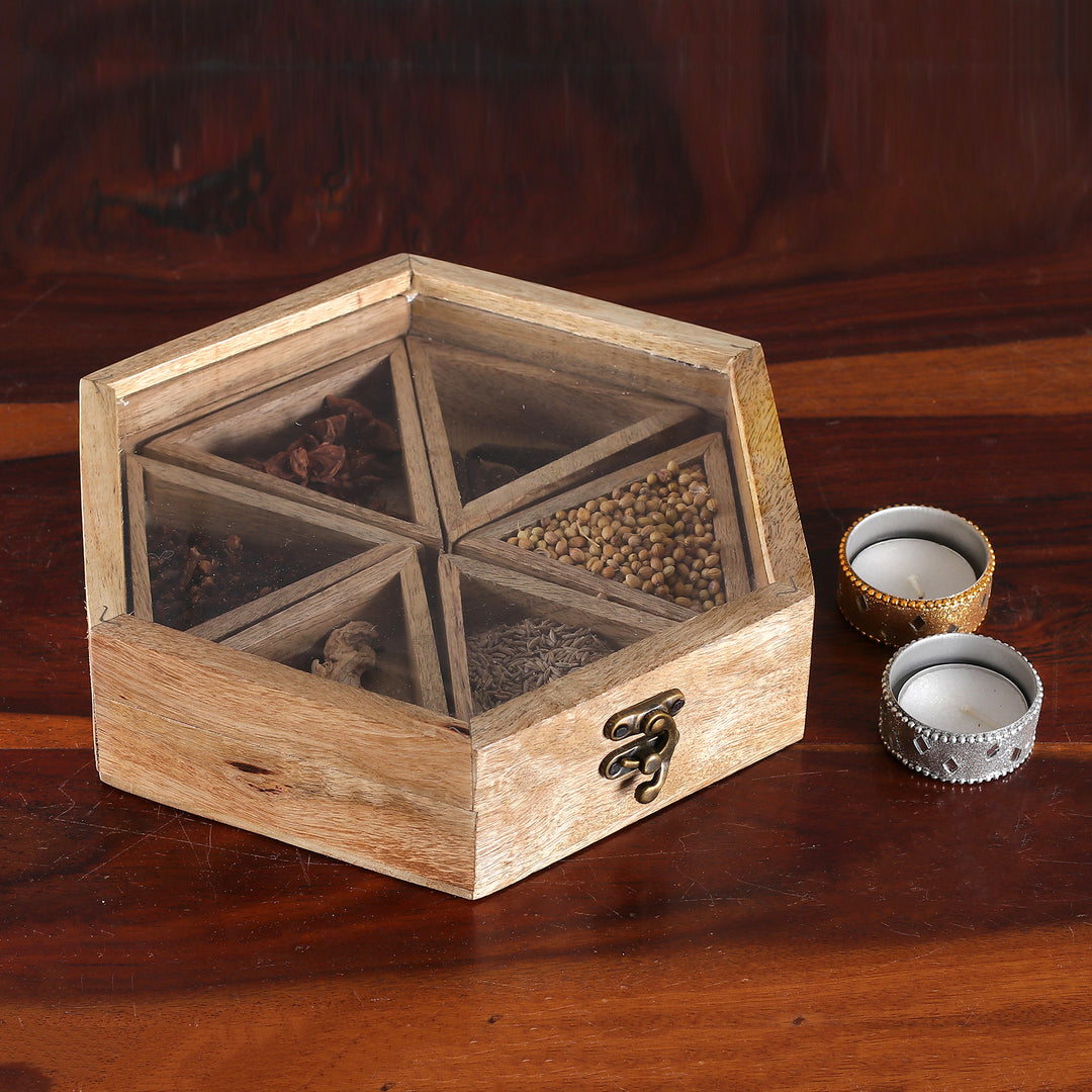 Hexagonal Mango Wood Spice Box with Detachable Compartments - Hexagonal Flavor