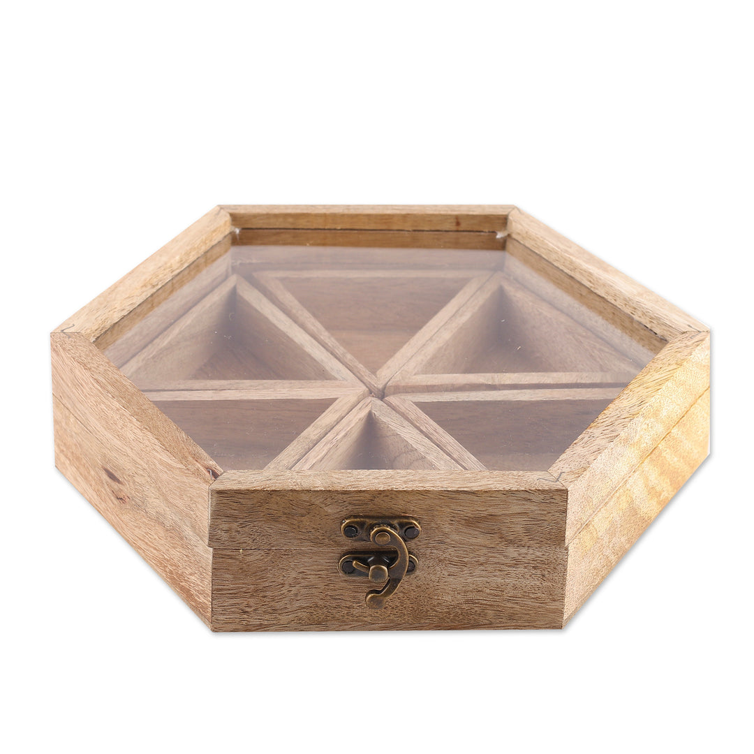Hexagonal Mango Wood Spice Box with Detachable Compartments - Hexagonal Flavor