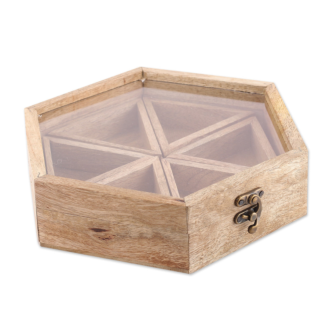 Hexagonal Mango Wood Spice Box with Detachable Compartments - Hexagonal Flavor