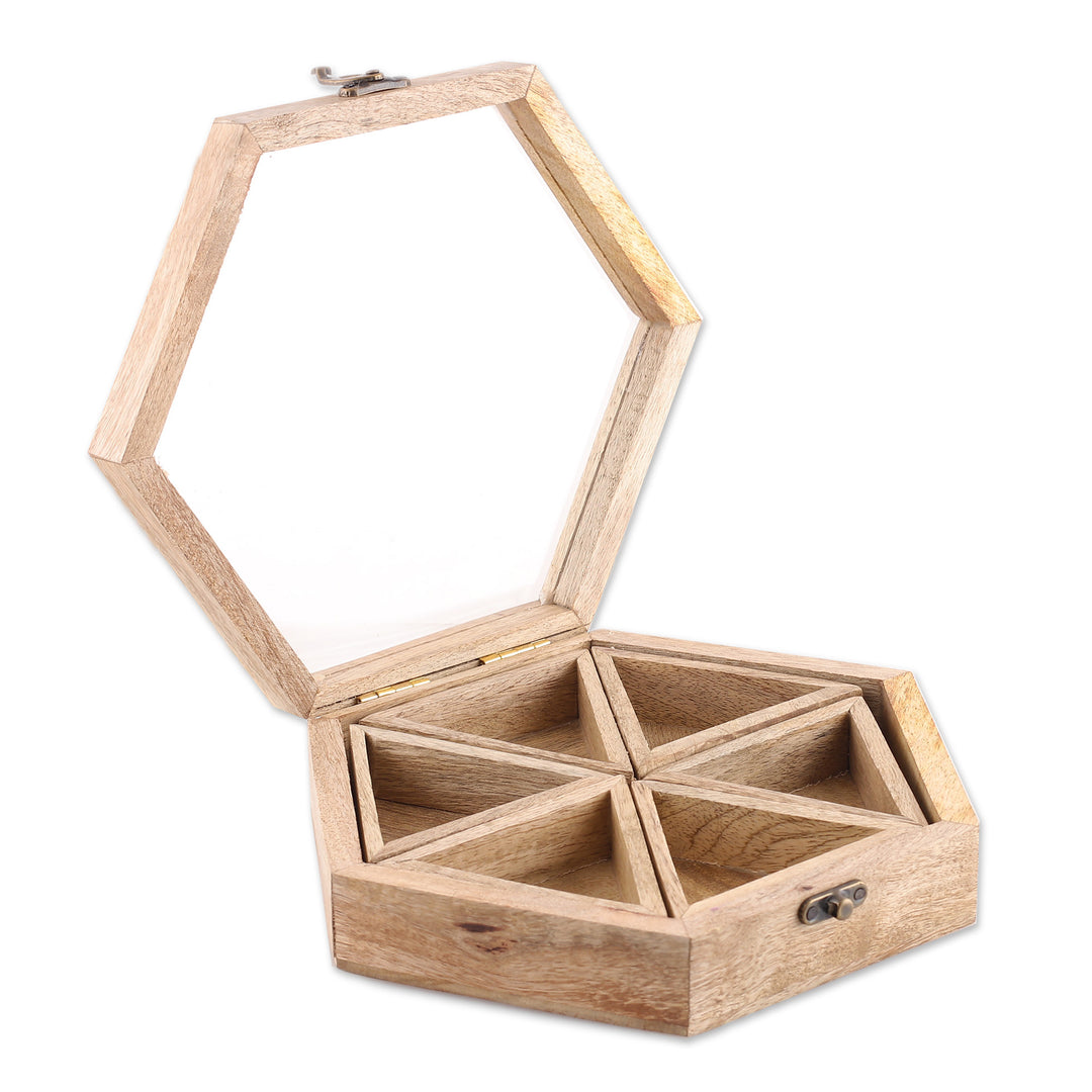 Hexagonal Mango Wood Spice Box with Detachable Compartments - Hexagonal Flavor